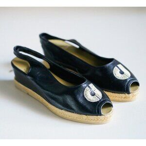 Vintage Charles Jourdan Paris Black Leather Embroidered Espadrilles 5